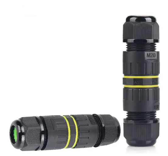 Коннектор кабельный 3 конт. электромонт. IP68, для соед. 2-х кабелей (сеч. пров. 0.5 - 2.5 кв.мм/ под винтовые зажимы), кабель-вводы под диам. 9.0 - 12.0 мм (с силикон. уплотн.), до 400В/24А макс. (черн. изол. PA66), от - 40 до + 105 гр.C