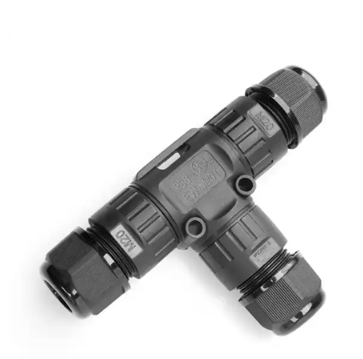 Коннектор кабельный 3 конт. электромонт. IP68, для соед. 3-х кабелей/тип T (сеч. пров. 0.5 - 2.5 кв.мм/ под винтовые зажимы), кабель-вводы под диам. 5.0 - 9.0 мм (с силикон. уплотн.), до 400В/24А макс. (черн. изол. PA66), от - 40 до + 105 гр.C