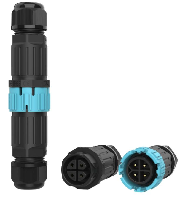 "Коннектор кабельный 4 конт. ""вилка - гнездо"" электромонт. IP68, для соед. 2-х кабелей (сеч. пров. 0.5 - 2.5 кв.мм/ под винтовые зажимы), кабель-вводы под диам. 9.0 - 12.0 мм (с  уплотн.), до 450В/15А макс. (черн. изол. PA66), от - 40 до + 105 гр.C"