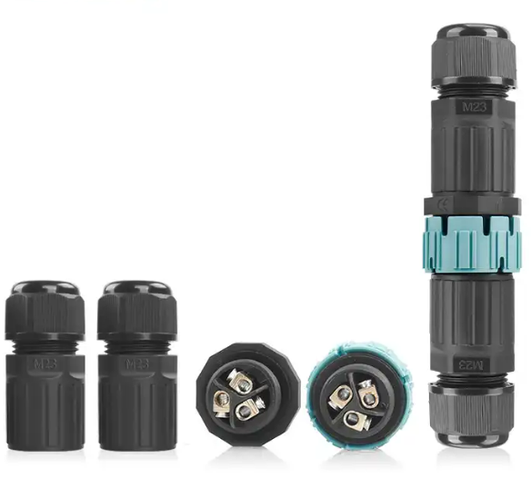"Коннектор кабельный 4 конт. ""вилка - гнездо"" (кабель - приборная панель) электромонт. IP68, сеч. пров. 0.5 - 2.5 кв.мм/ под винтовые зажимы, кабель-ввод под диам. 9.0 - 12.0 мм (с  уплотн.), до 450В/15А макс. (черн. изол. PA66), от - 40 до + 105 гр.C"