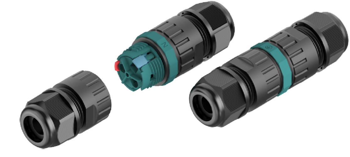 Коннектор кабельный 2 конт. электромонт. IP68, для соед. 2-х кабелей (сеч. пров. 0.5 - 2.5 кв.мм/ под пружинные зажимы), кабель-вводы под диам. 5.0 - 9.0 мм (с силикон. уплотн.), до 400В/24А макс. (черн. изол. PA66), от - 40 до + 105 гр.C