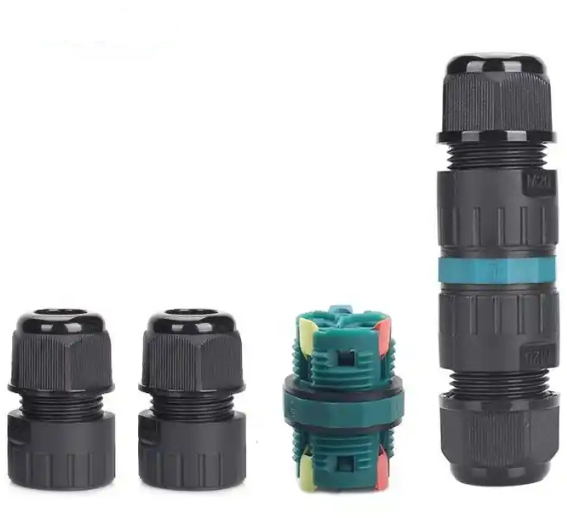 Коннектор кабельный 3 конт. электромонт. IP68, для соед. 2-х кабелей (сеч. пров. 0.5 - 2.5 кв.мм/ под пружинные зажимы), кабель-вводы под диам. 9.0 - 12.0 мм (с силикон. уплотн.), до 400В/24А макс. (черн. изол. PA66), от - 40 до + 105 гр.C