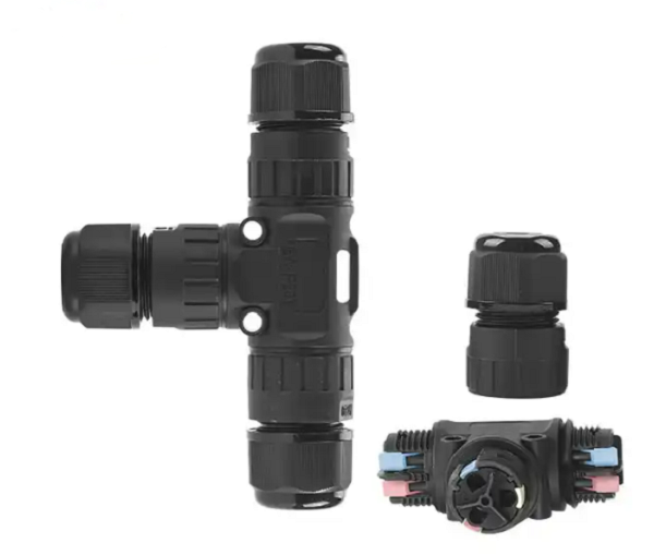 Коннектор кабельный 3 конт. электромонт. IP68, для соед. 3-х кабелей/тип T (сеч. пров. 0.5 - 2.5 кв.мм/ под пружинные зажимы), кабель-вводы под диам. 5.0 - 9.0 мм (с силикон. уплотн.), до 450В/16А макс. (черн. изол. PA66), от - 40 до + 105 гр.C