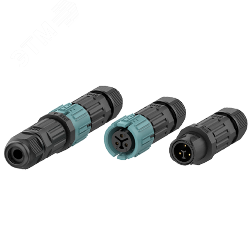 Изображение товара "Коннектор кабельный 3 конт. ""вилка - гнездо"" электромонт. IP68, для соед. 2-х кабелей (сеч. пров. 0.5 - 1.5 кв.мм/ ПОД ПАЙКУ), кабель-вводы под диам. 2.5 - 4.5 мм (с уплотн.), до 450В/20А макс. (черн. изол. PA66), от - 40 до + 105 гр.C" (шт)