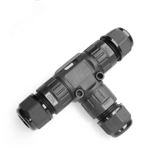 Изображение товара Коннектор кабельный 3 конт. электромонт. IP68, для соед. 3-х кабелей/тип T (сеч. пров. 0.5 - 2.5 кв.мм/ под винтовые зажимы), кабель-вводы под диам. 9.0 - 12.0 мм (с силикон. уплотн.), до 400В/24А макс. (черн. изол. PA66), от - 40 до + 105 гр.C (шт)