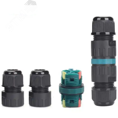 Изображение товара Коннектор кабельный 3 конт. электромонт. IP68, для соед. 2-х кабелей (сеч. пров. 0.5 - 2.5 кв.мм/ под пружинные зажимы), кабель-вводы под диам. 9.0 - 12.0 мм (с силикон. уплотн.), до 400В/24А макс. (черн. изол. PA66), от - 40 до + 105 гр.C (шт)