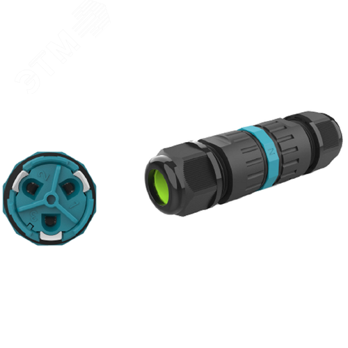 Коннектор кабельный 3 конт. электромонт. IP68, для соед. 2-х кабелей (сеч. пров. 0.5 - 2.5 кв.мм/ под пружинные зажимы), кабель-вводы под диам. 5.0 - 9.0 мм (с силикон. уплотн.), до 400В/24А макс. (черн. изол. PA66), от - 40 до + 105 гр.C - фото 2