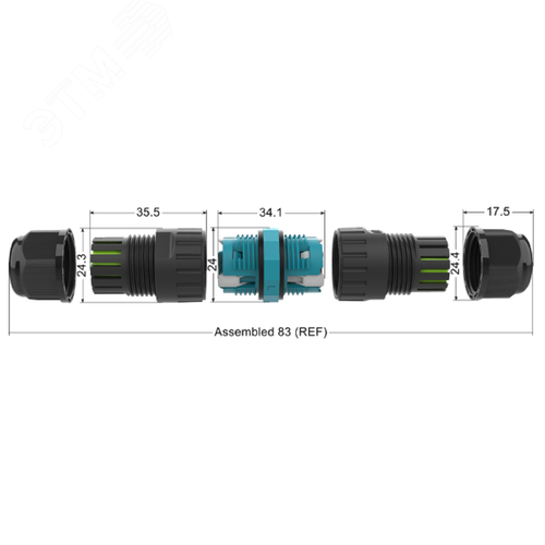 Коннектор кабельный 3 конт. электромонт. IP68, для соед. 2-х кабелей (сеч. пров. 0.5 - 2.5 кв.мм/ под пружинные зажимы), кабель-вводы под диам. 5.0 - 9.0 мм (с силикон. уплотн.), до 400В/24А макс. (черн. изол. PA66), от - 40 до + 105 гр.C - фото 3