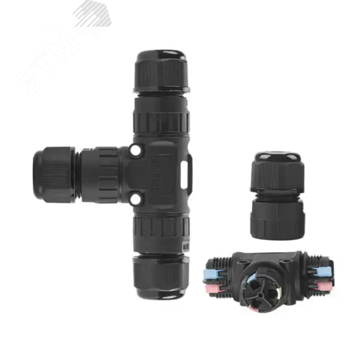 Изображение товара Коннектор кабельный 3 конт. электромонт. IP68, для соед. 3-х кабелей/тип T (сеч. пров. 0.5 - 2.5 кв.мм/ под пружинные зажимы), кабель-вводы под диам. 5.0 - 9.0 мм (с силикон. уплотн.), до 450В/16А макс. (черн. изол. PA66), от - 40 до + 105 гр.C (шт)