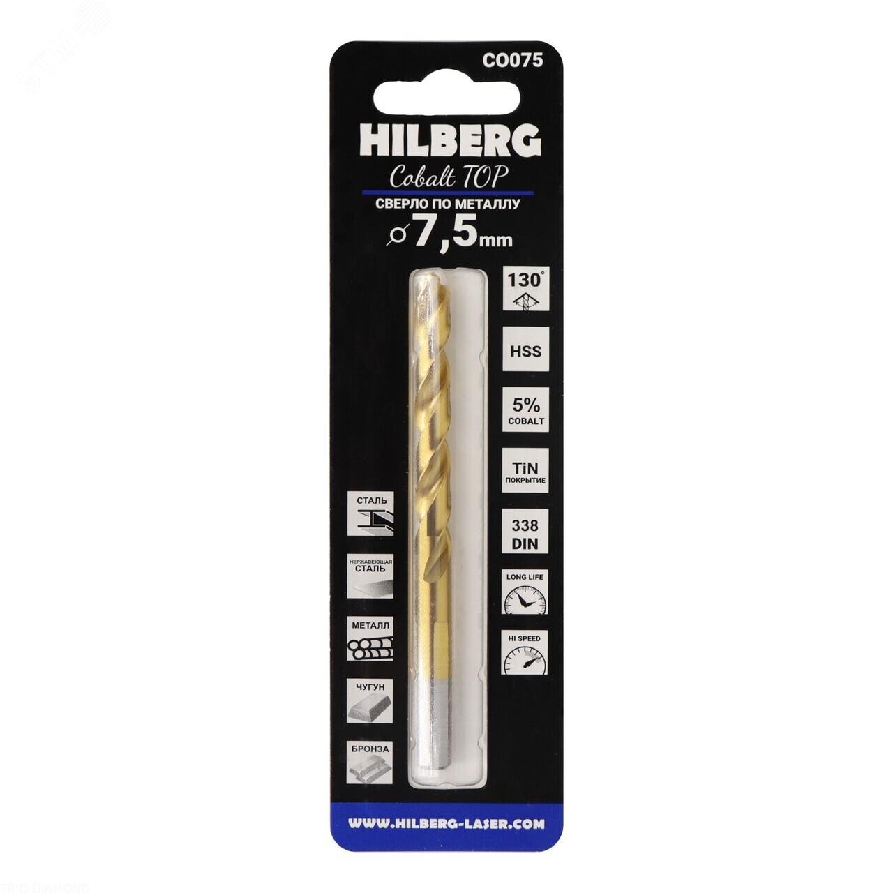 Изображение товара Сверло по металлу Hilberg Cobalt 5% TOP 7.5мм 109мм