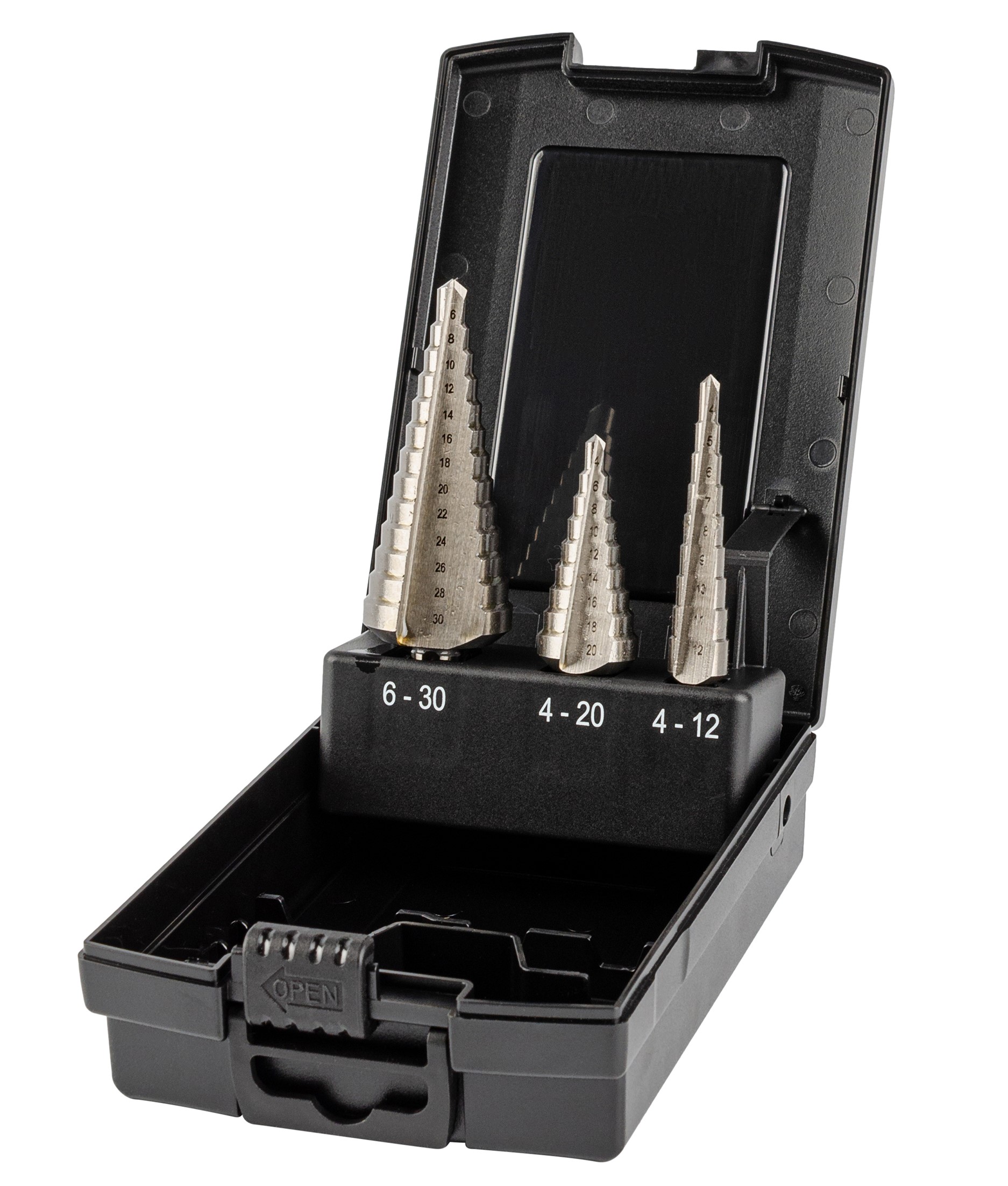 Набор сверл ступенчатых, 3 предмета, HSS, Gr 1,2,3, 4-12, 4-20, 6-30 мм, прямая канавка, трехплоскостной хвостовик