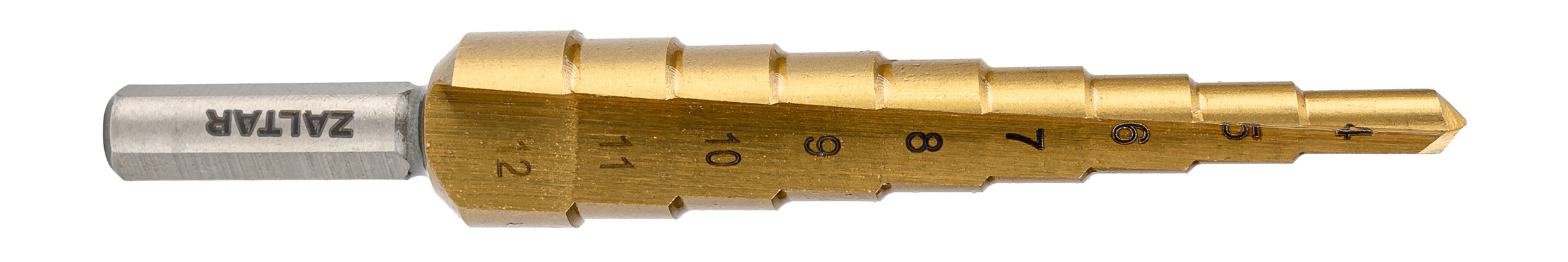 Сверло ступенчатое, HSS TiN, Gr.1, 4-12 мм, прямая канавка, трехплоскостной хвостовик