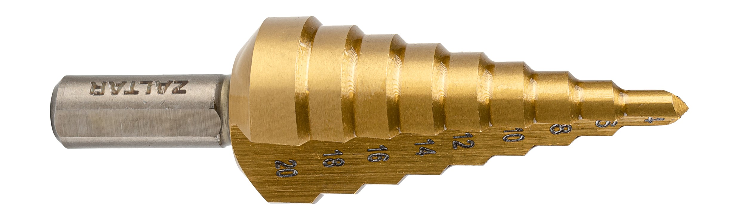 Сверло ступенчатое, HSS TiN, Gr.2, 4-20 мм, прямая канавка, трехплоскостной хвостовик