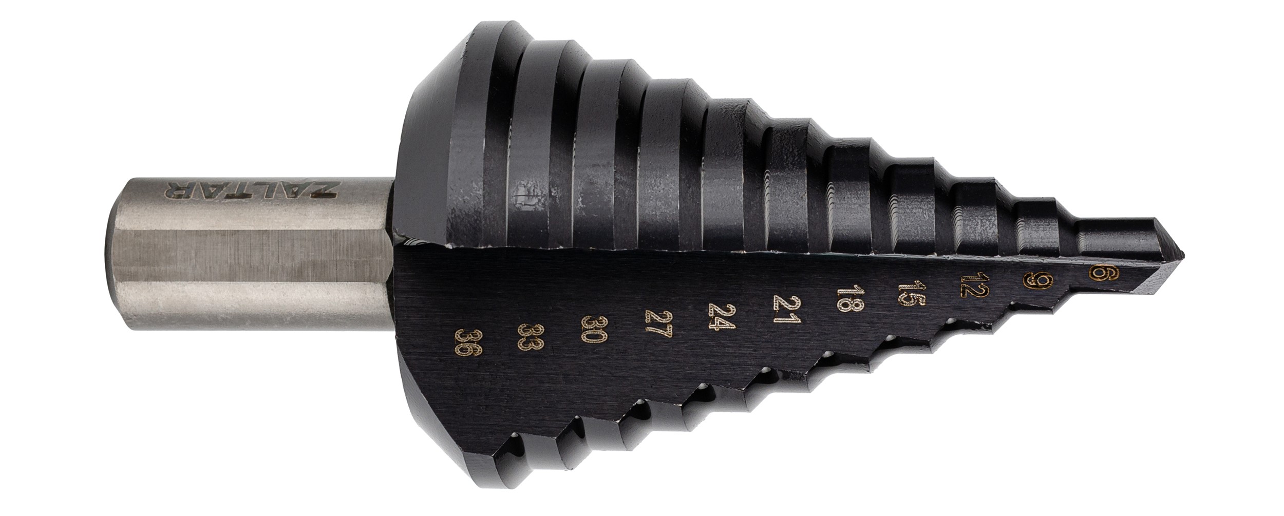 Сверло ступенчатое, HSS TiAlN, 9-36 мм, прямая канавка, трехплоскостной хвостовик