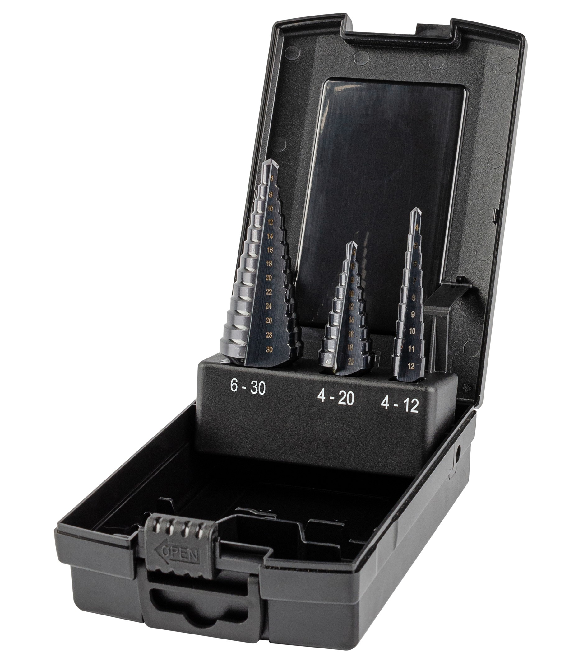 Набор сверл ступенчатых, 3 предмета, HSS TiAlN, Gr,1,2,3, 4-12, 4-20, 6-30 мм, прямая канавка, трехплоскостной хвостовик