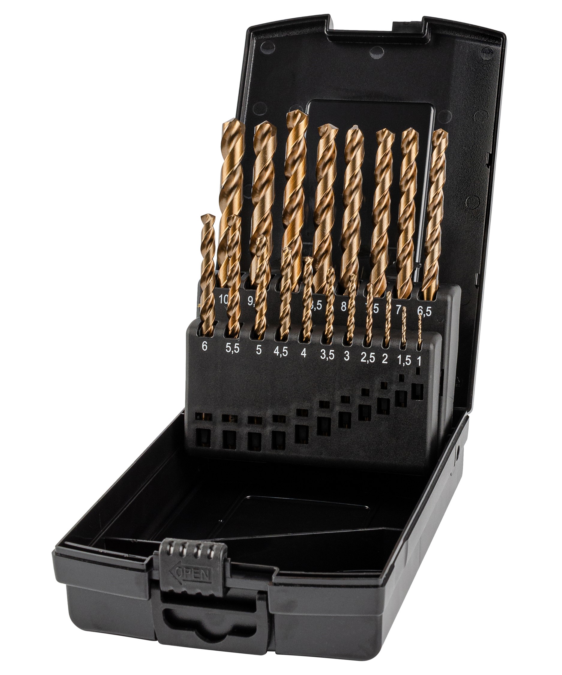 Набор сверл по металлу, индустриальных, 19 предметов, 1,0-10,0 мм x 0,5, DIN 338, HSS-E Co5, Тип VA, 5xD
