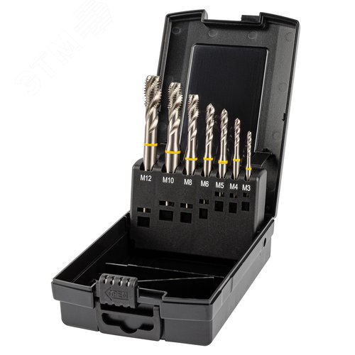 Набор метчиков машинных YELLOW RING HSS-E, DIN 371,376, 35 градусов RSP, 7 предметов, M3-12 - фото 1