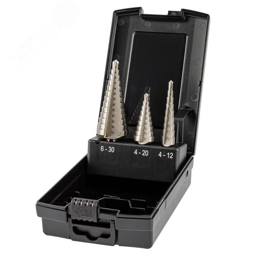 Изображение товара Набор сверл ступенчатых, 3 предмета, HSS, Gr 1,2,3, 4-12, 4-20, 6-30 мм, прямая канавка, трехплоскостной хвостовик (шт)