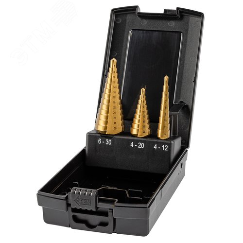 Набор сверл ступенчатых, 3 предмета, HSS TiN, Gr,1,2,3, 4-12, 4-20, 6-30 мм, прямая канавка, трехплоскостной хвостовик - фото 1