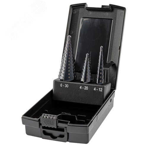 Изображение товара Набор сверл ступенчатых, 3 предмета, HSS TiAlN, Gr,1,2,3, 4-12, 4-20, 6-30 мм, прямая канавка, трехплоскостной хвостовик (шт)