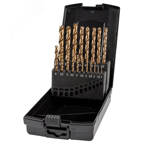 Изображение товара Набор сверл по металлу, индустриальных, 19 предметов, 1,0-10,0 мм x 0,5, DIN 338, HSS-E Co5, Тип VA, 5xD (шт)