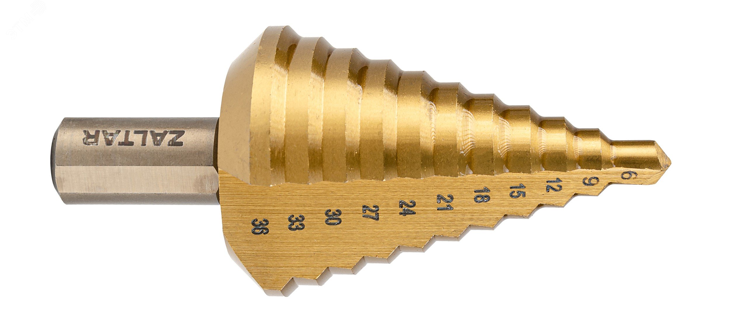 Изображение товара Ступенчатое сверло HSS TiN 9-36 мм с треухплоскостным хвостовиком