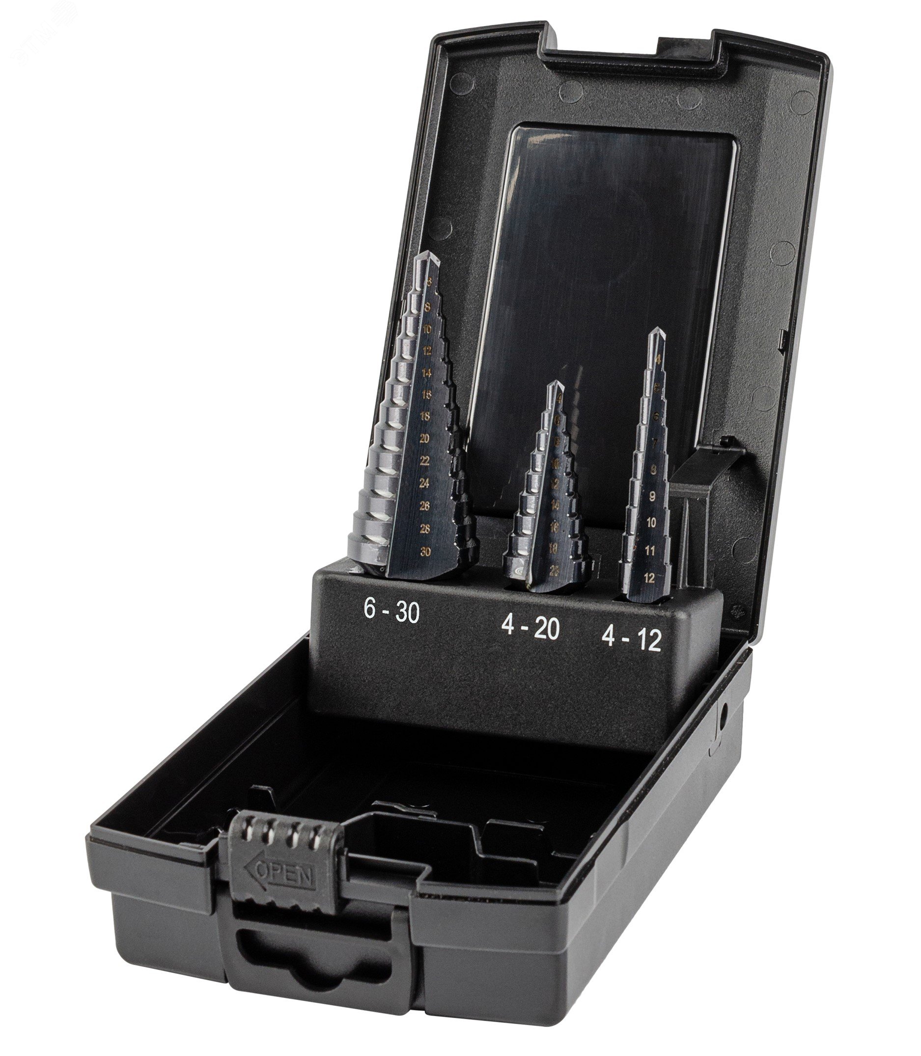 Изображение товара Набор сверл ступенчатых из HSS TiAlN, 3 предмета, диаметр 4-30 мм, тройплоскостной хвостовик