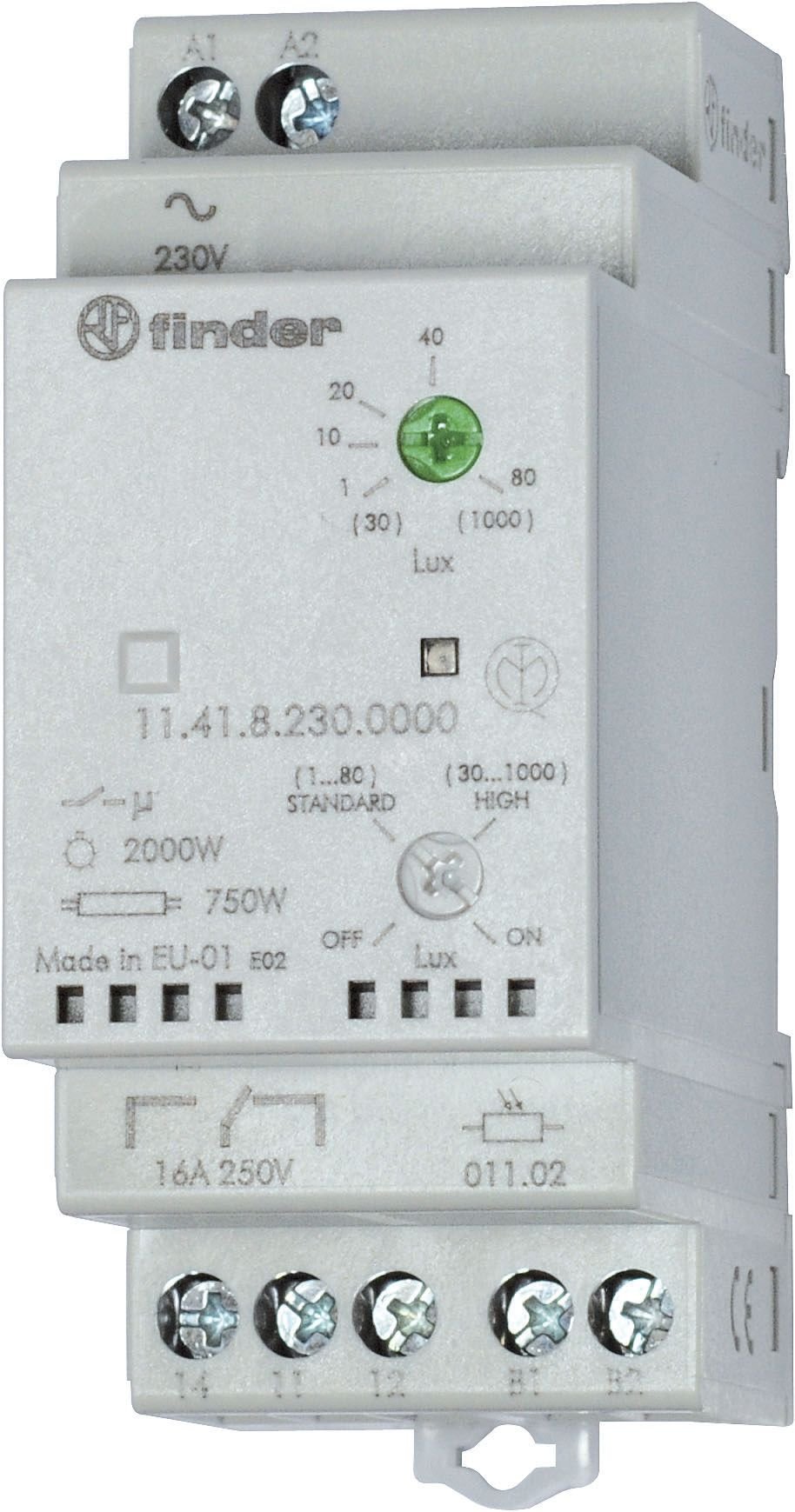 Фотореле модульное с фотоэлементом 011.02, монтаж на рейку 35мм, 1CO 16A, питание 230В АC, настройка чувствит. 1…80люкс, 30…1000люкс, ширина 35мм, степень защиты: фотореле IP20, фотоэлемент IP54 11.41.8.230.0000 FINDER