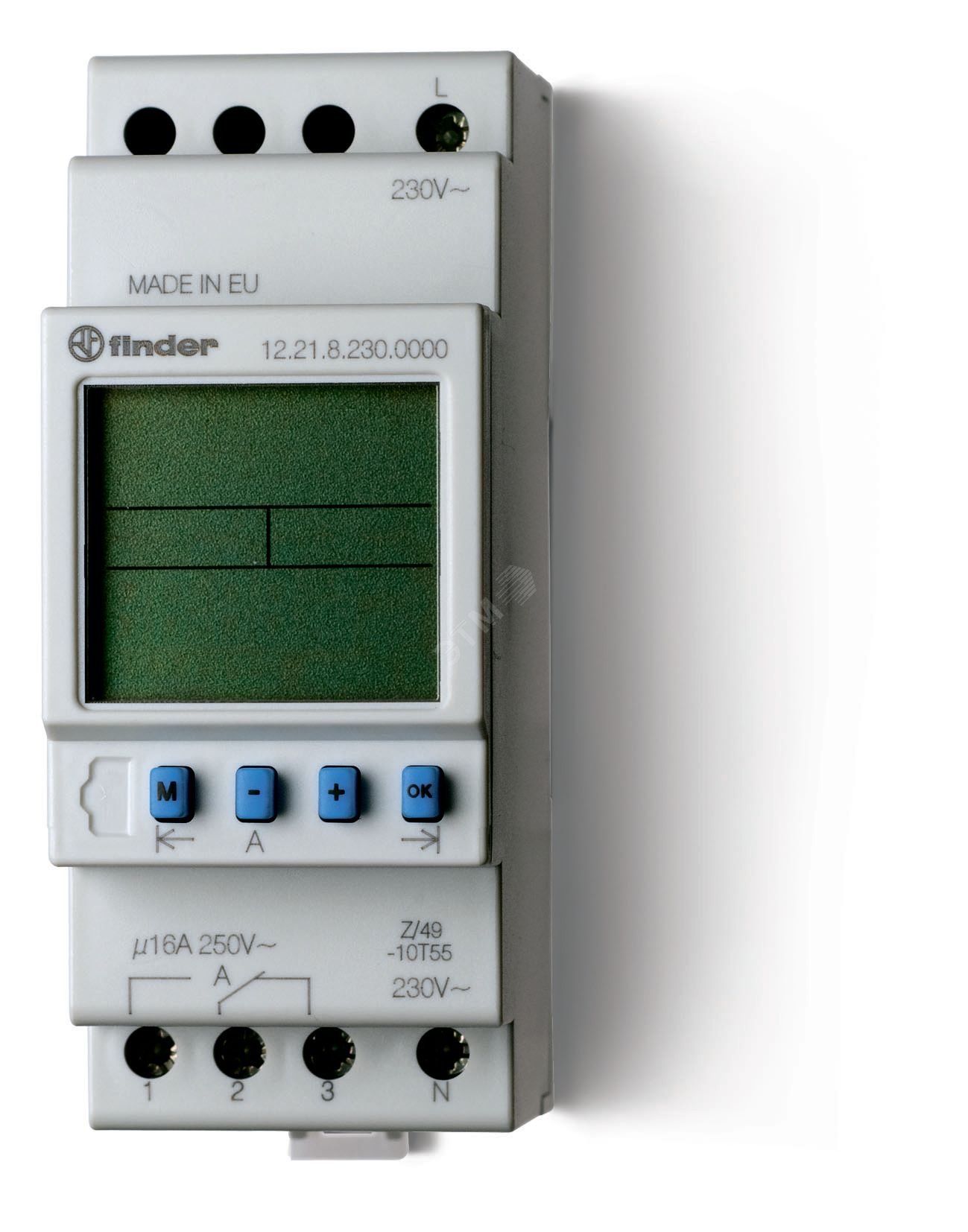 Реле времени цифровое недельное, монтаж на рейку 35мм, 1СO 16A, питание 230В АC, ширина 35.8мм, степень защиты IP20 12.21.8.230.0000 FINDER