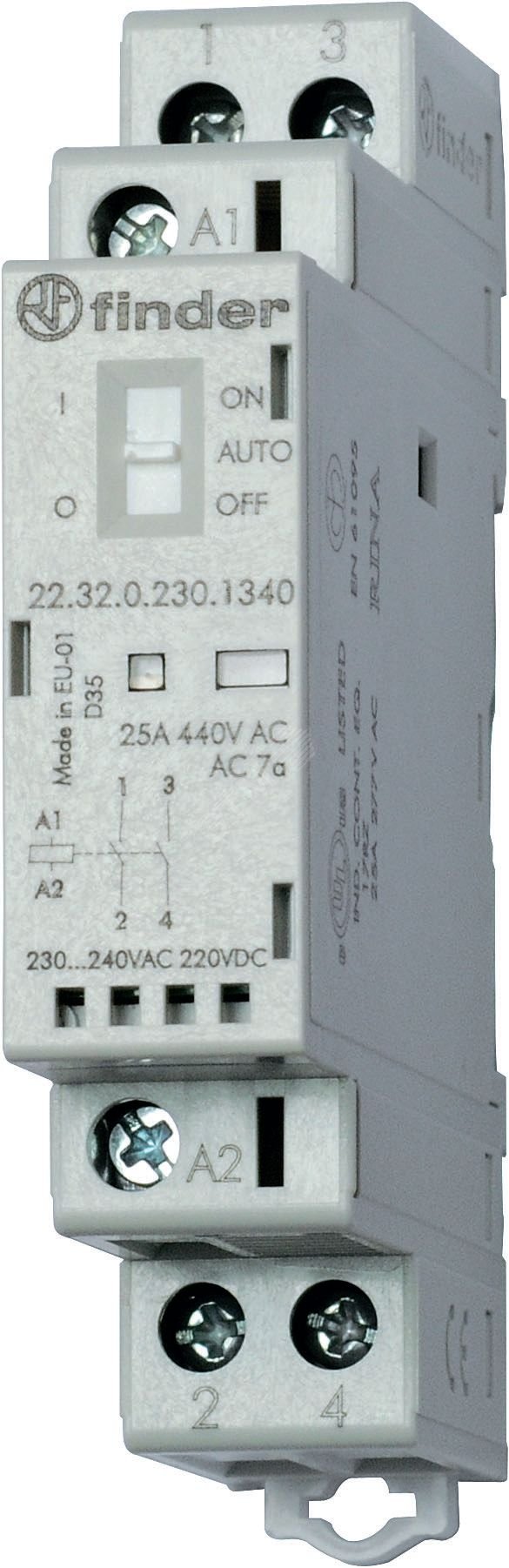 Контактор модульный 2NO 25А контакты AgSnO2 катушка 120В АС/DC 17.5мм IP20 переключатель Авто-Вкл-Выкл+механический индикатор/LED (1шт) 22.32.0.120.4340PAS FINDER - превью 2