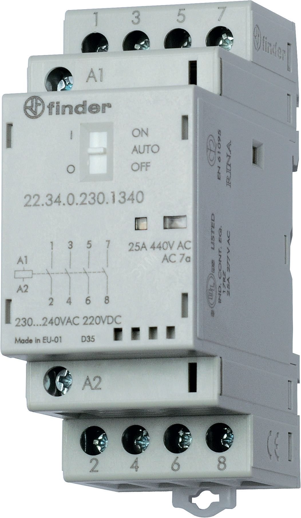Контактор модульный 4NO 25А контакты AgNi катушка 12В АС/DC 35мм IP20 переключатель Авто-Вкл-Выкл+механический индикатор/LED 22.34.0.012.1340 FINDER - превью 2