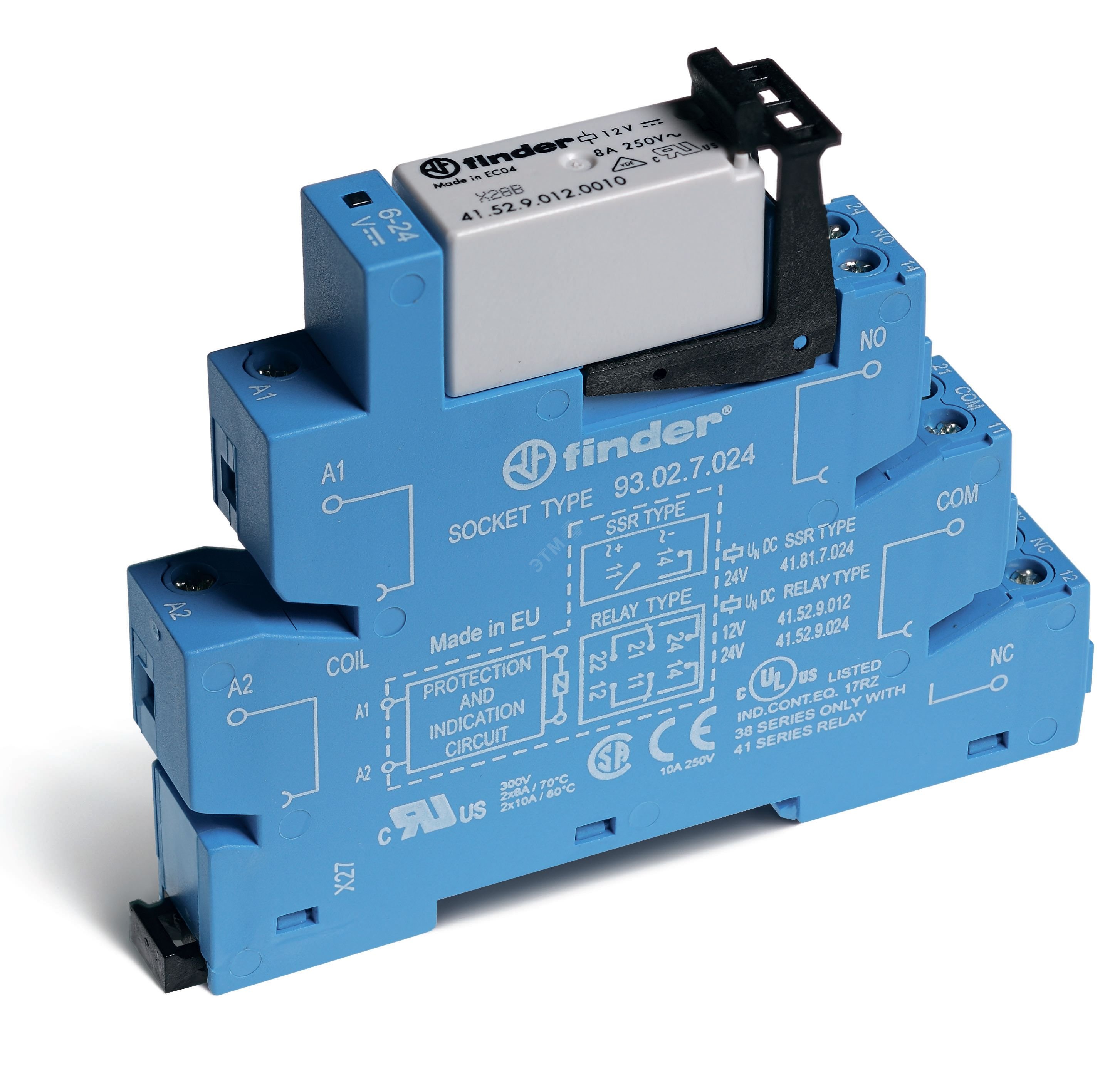 Модуль интерфейсный (сборка 41.61.9.110.0010 + 93.02.0.240), электромеханическое реле, 1CO 16A, контакты AgNi, питание 230…240В AC/DC, категория защиты IP20, винтовые клеммы 38.01.0.240.0060 FINDER