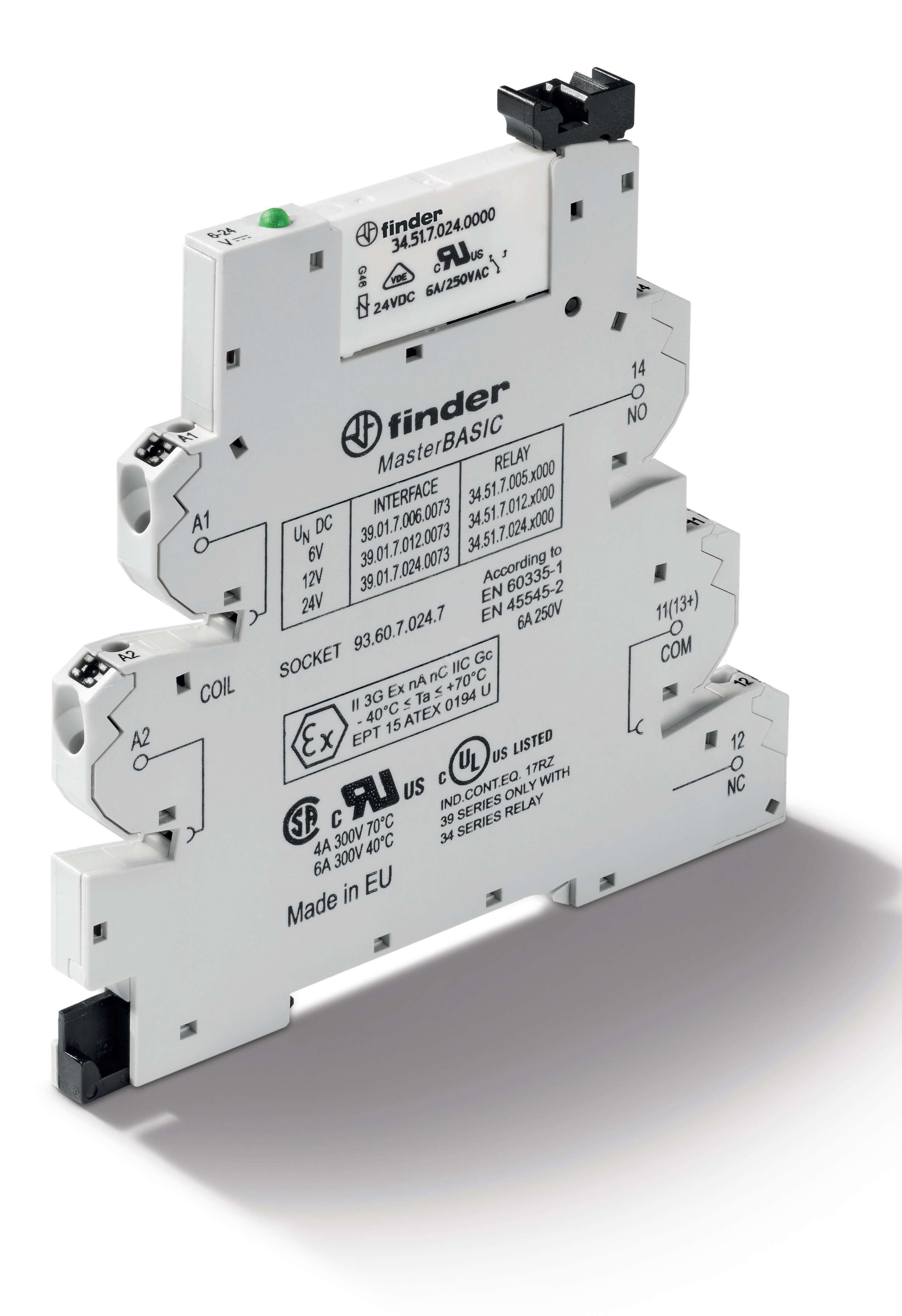 Модуль интерфейсный сборка 34.51.7.060.0000 + 93.60.0.125.7, электромеханическое реле, MasterBASIC, 1CO 6A, питание 125В AC/DC, IP20, безвинтовые клеммы Push-in, версия ATEX