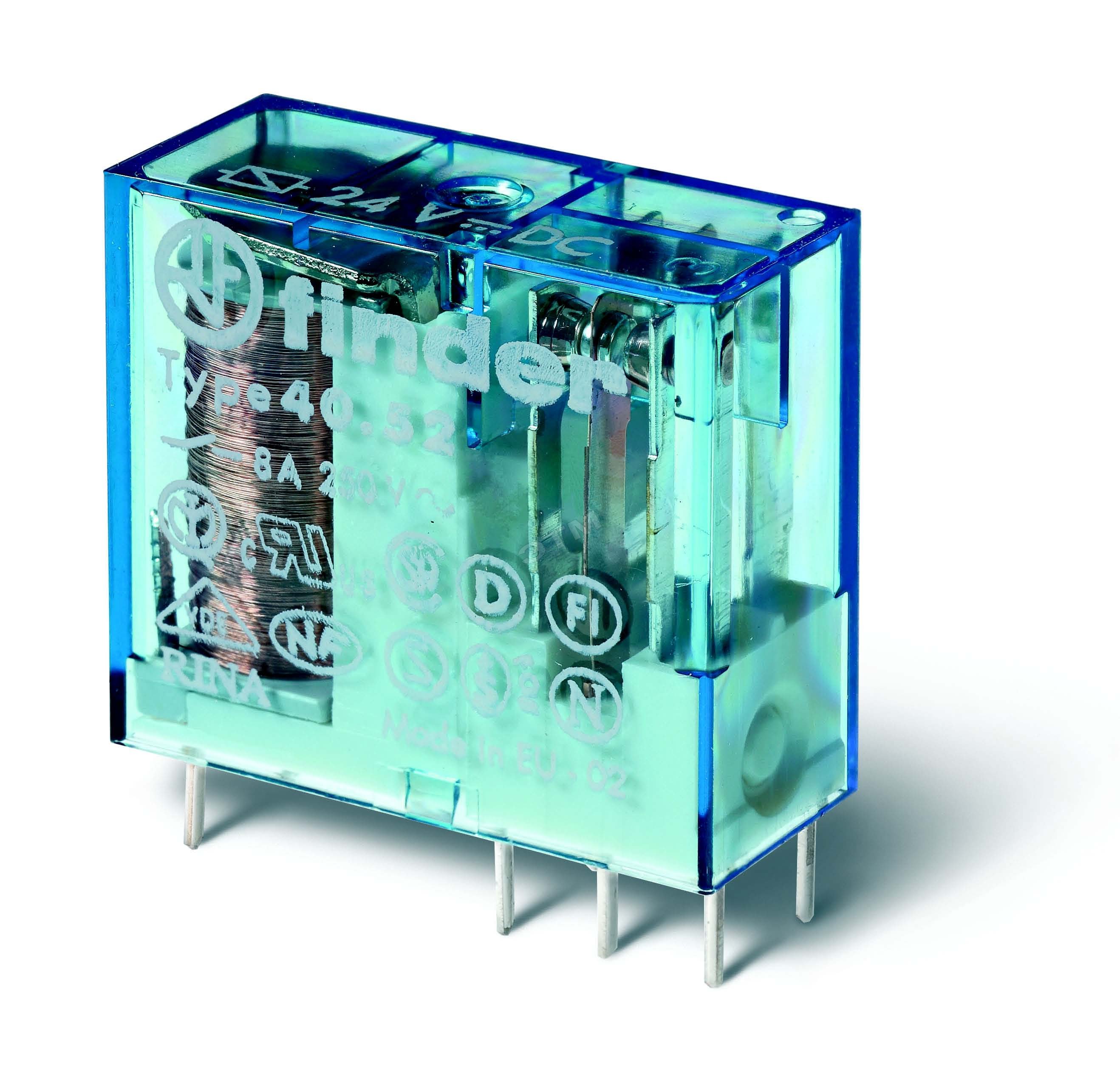 Реле электромеханическое универсальное миниатюрное, монтаж на печатную плату или в розетку, выводы с шагом 5мм, 2NO 8A, контакты AgNi, катушка 230В AC, влагозащита RTIII