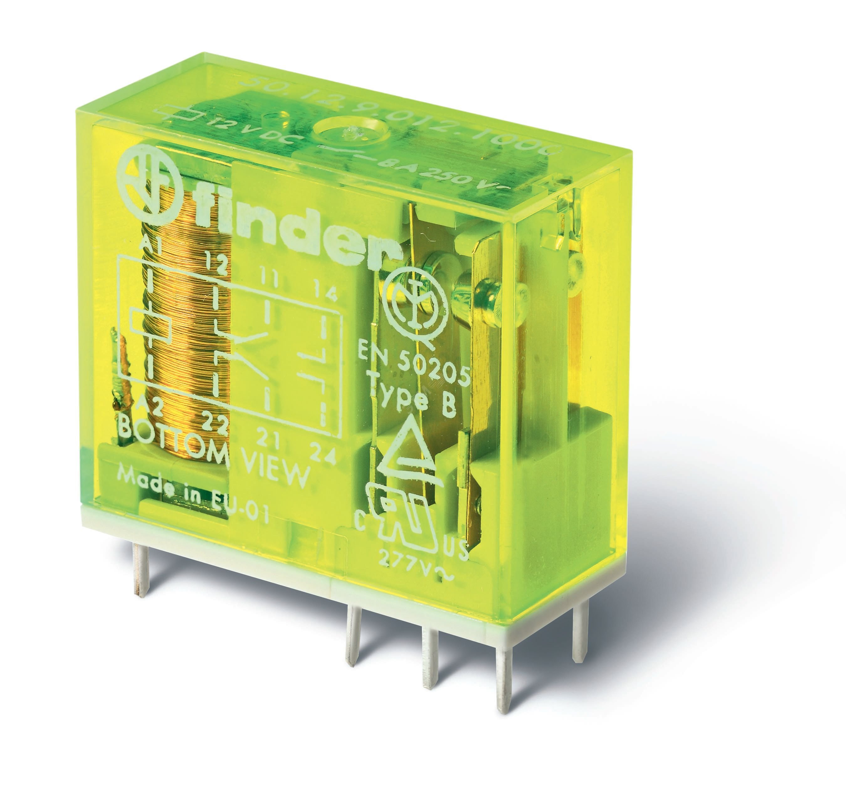 Реле безопасности электромеханическое (реле с принудительным управлением контактами), монтаж на печатную плату или в розетку, выводы с шагом 5мм, 2CO 8A, контакты AgNi, катушка 12В DC, степень защиты RTII 50.12.9.012.1000 FINDER