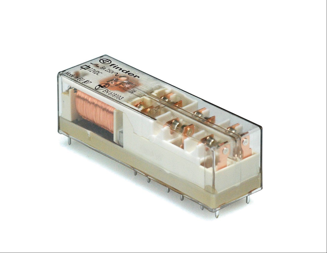 Изображение товара Реле безопасности электромеханическое (реле с принудительным управлением контактами), монтаж на печатную плату, 4NO + 2NC, контакты AgSnO2+Au, катушка 12В DC, влагоащита RTIII (шт)