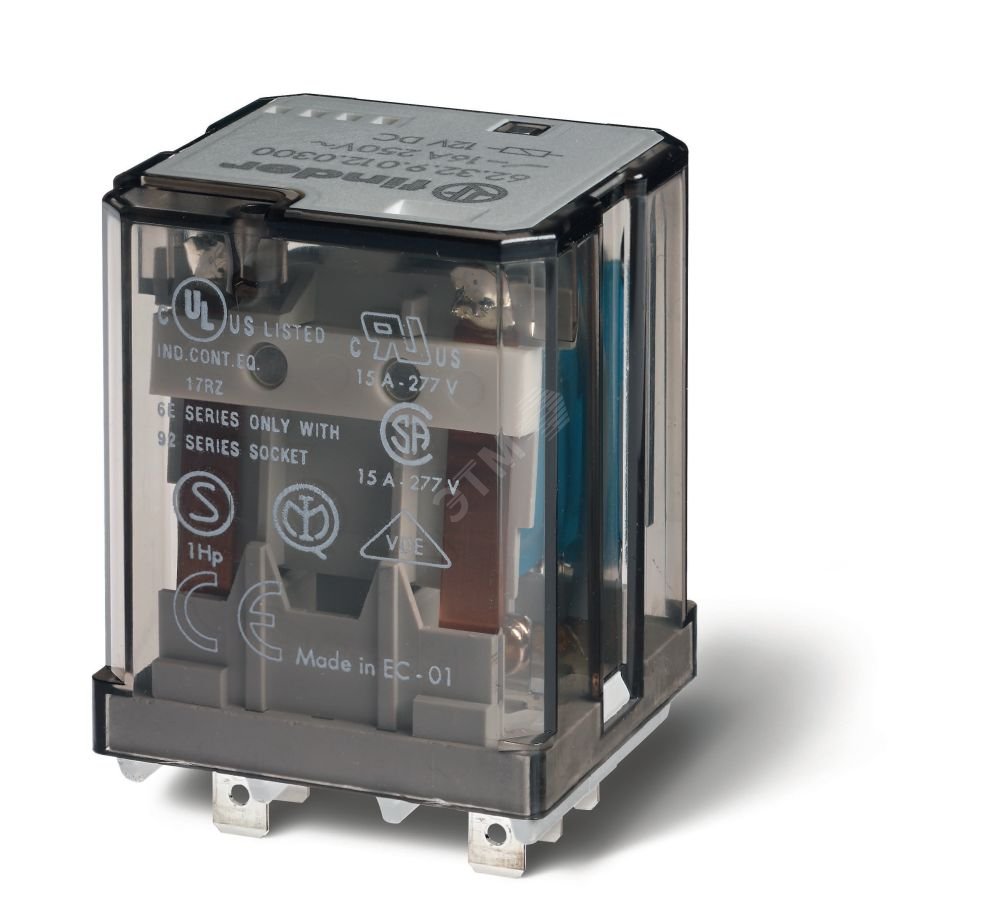 Реле силовое электромеханическое, монтаж в розетку или наконечники Faston 187 (4.8х0.5мм), 2NO 16A, контакты AgCdO (зазор 3 мм), катушка 12В DC, степень защиты RTI, опции: нет, упаковка 1шт.