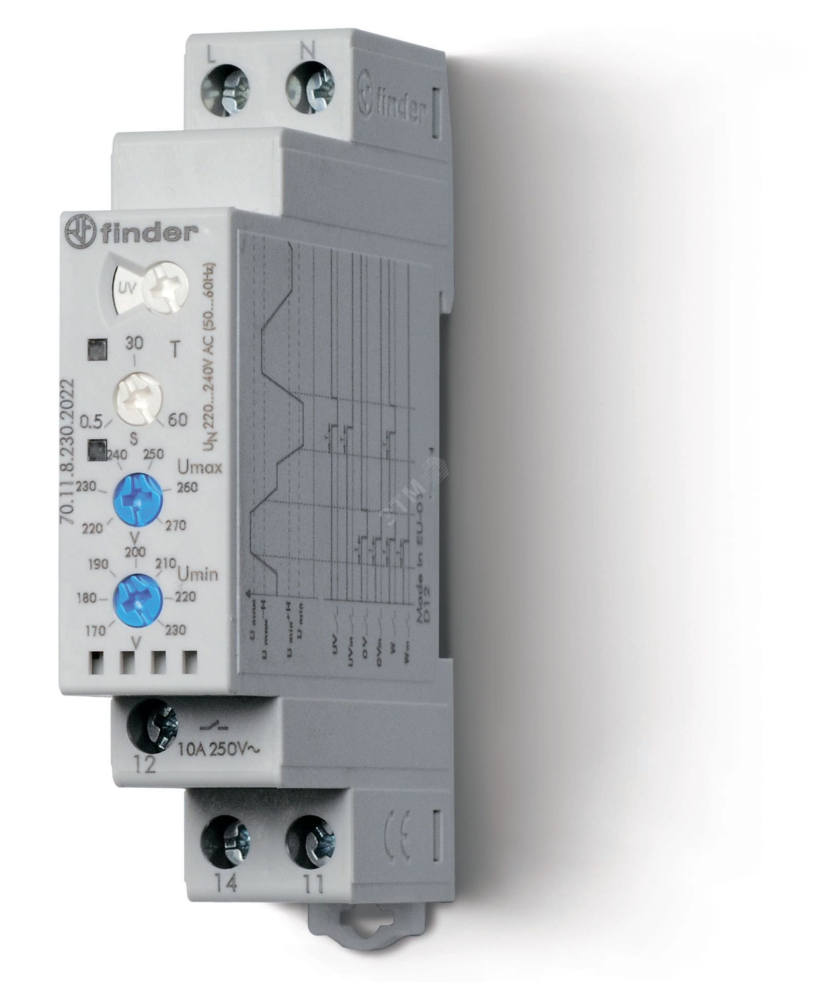 Реле контрольное для 1-фазных сетей, пониженное/повышенное напряжение, настраиваемые диапазоны, выход 1CO 10А, модульное, ширина 17.5мм, степень защиты IP20 70.11.8.230.2022 FINDER