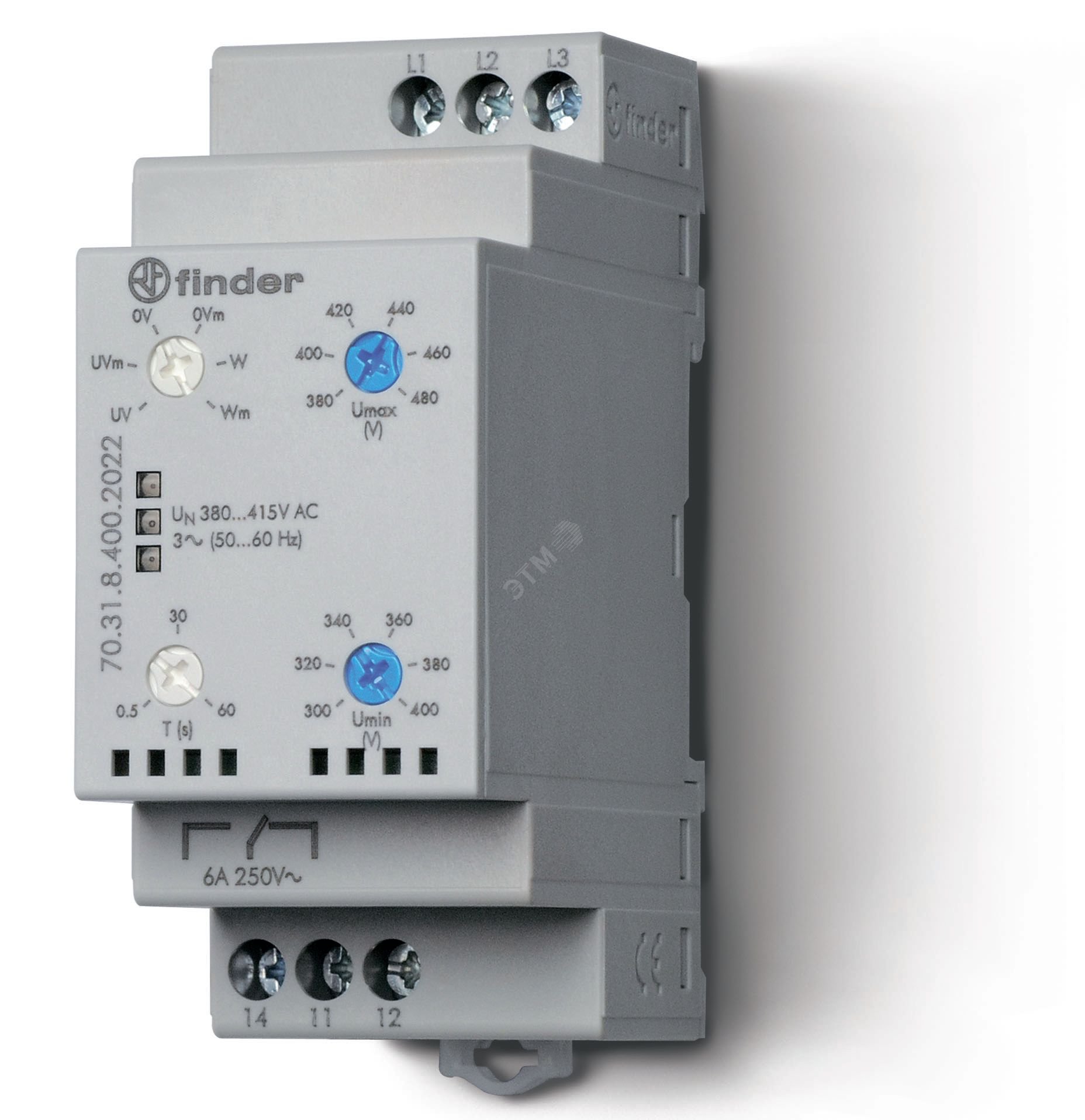 Реле контрольное для 3-фазных сетей, пониженное/повышенное напряжение, обрыв/чередование фаз, настраиваемые диапазоны, выход 1CO 6А, модульное, ширина 35мм, степень защиты IP20 70.31.8.400.2022 FINDER