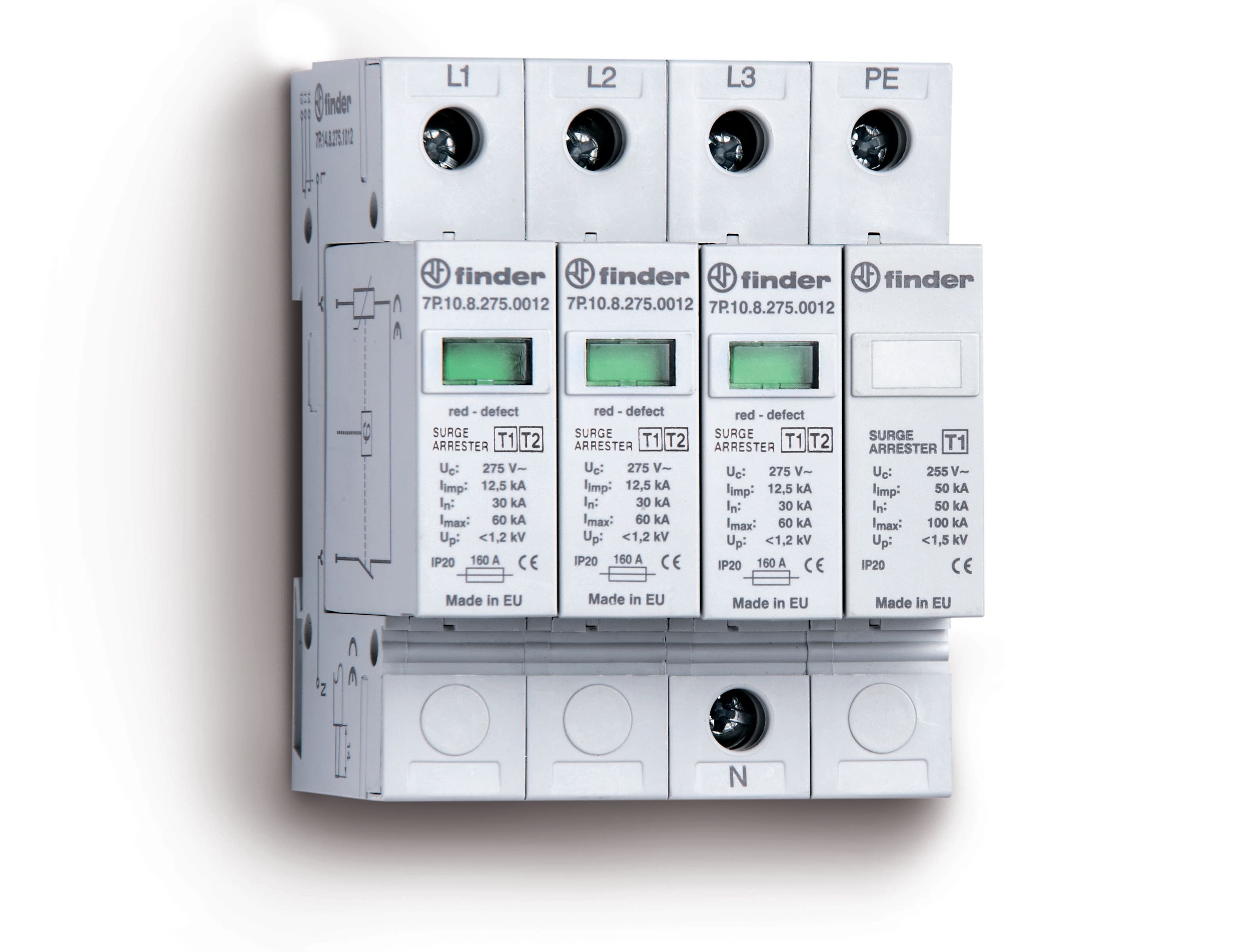 Устройства защиты от импульсных перенапряжений УЗИП тип 1 (3 варистор + 1 искровый разрядник) 7P.14.8.275.1012 FINDER
