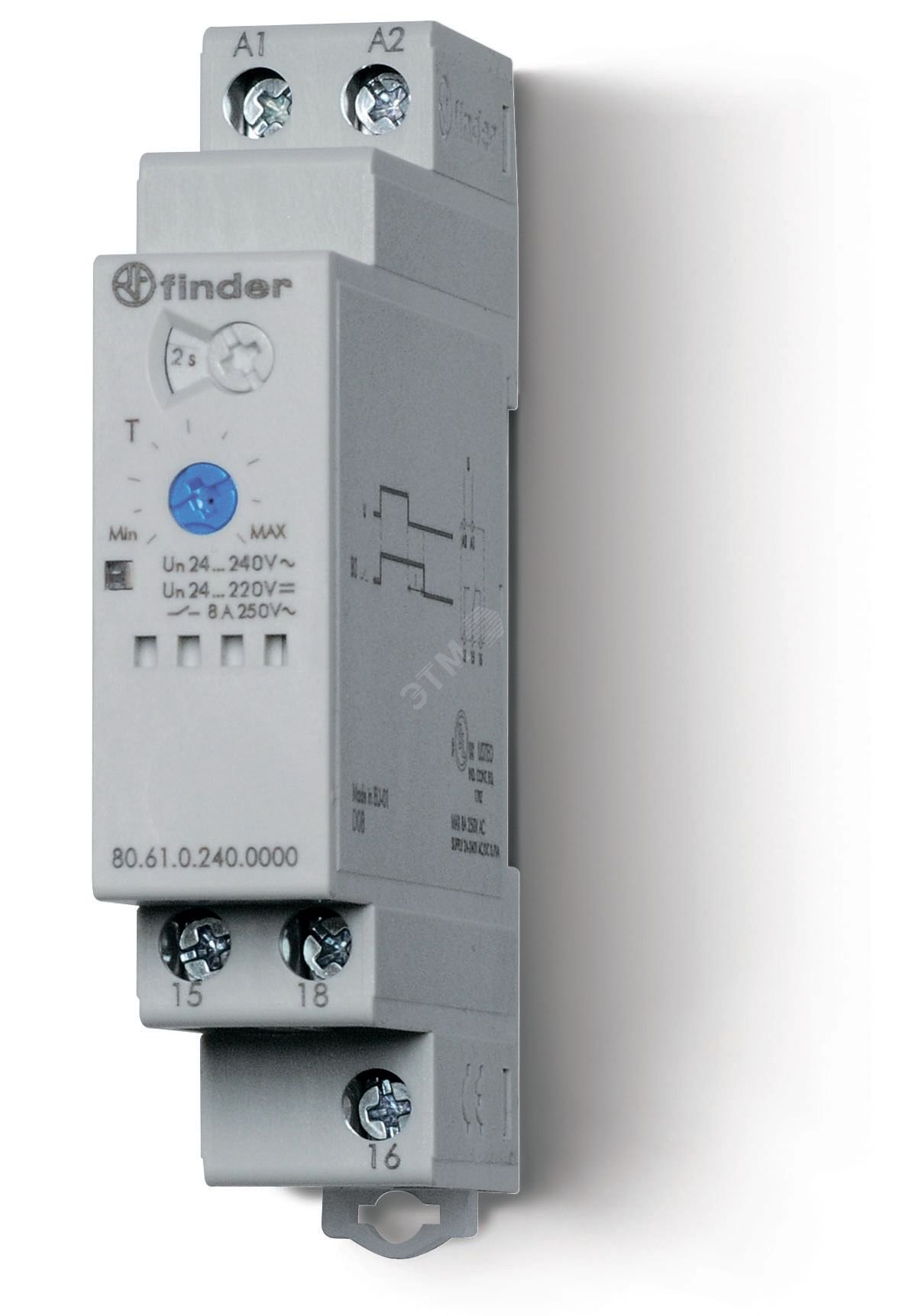 Таймер модульный 1-функциональный (ВI), питание 24…240В АС/DC, 1CO 8A, ширина 17.5мм, регулировка времени 0.05с…180c, степень защиты IP20, версия для ЖД-транспорта 80.61.0.240.0000T FINDER
