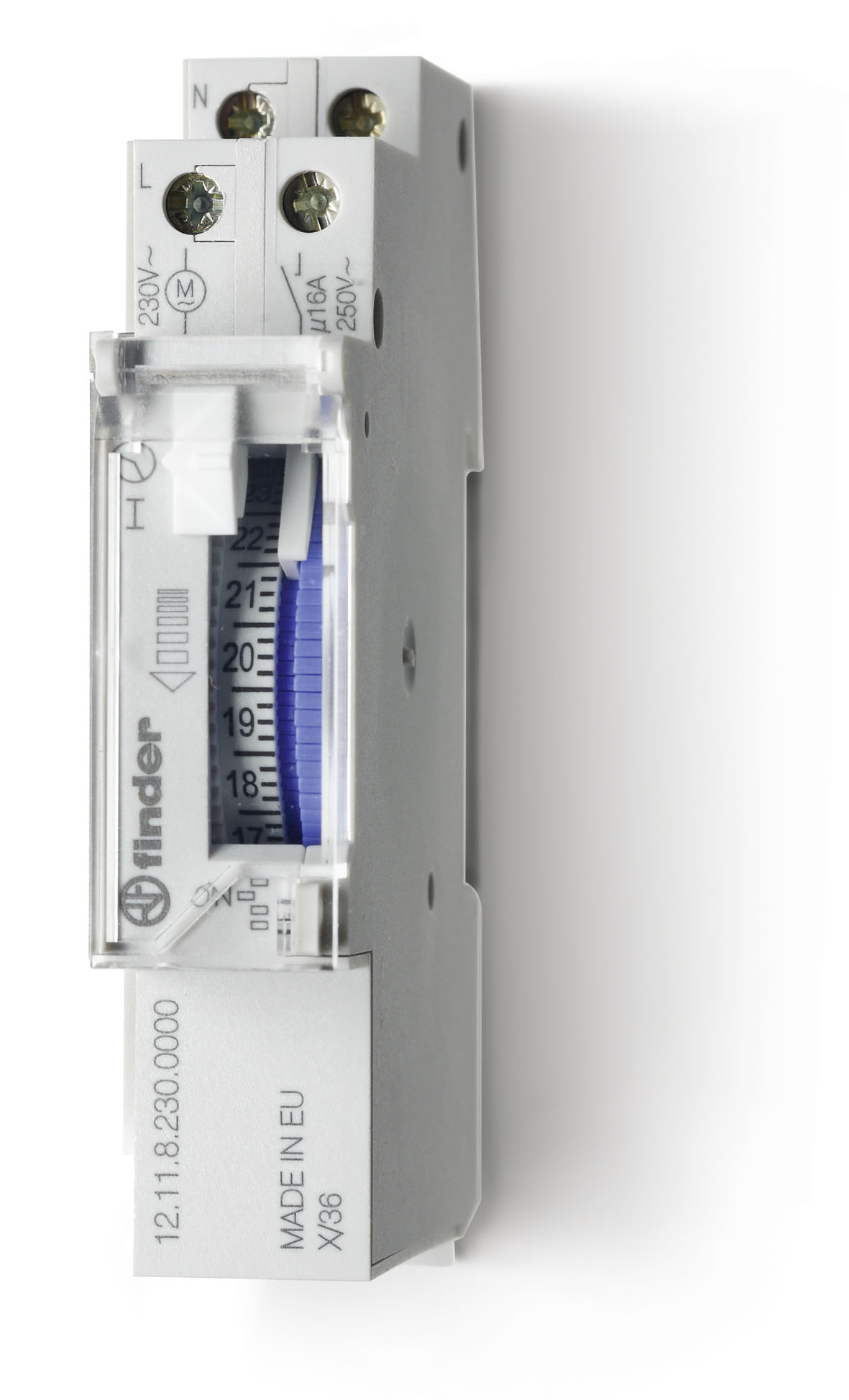 Реле времени механическое суточное, монтаж на рейку 35мм, 1NO 16A, питание 230В АC, ширина 17.6мм, без резервн.источника питания, степень защиты IP20