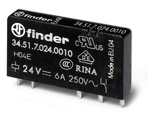 Реле ультратонкое электромеханическое, монтаж на печатную плату, 1CO 6A, контакты AgNi, катушка 24В DC (чувствит.), степень защиты RTII