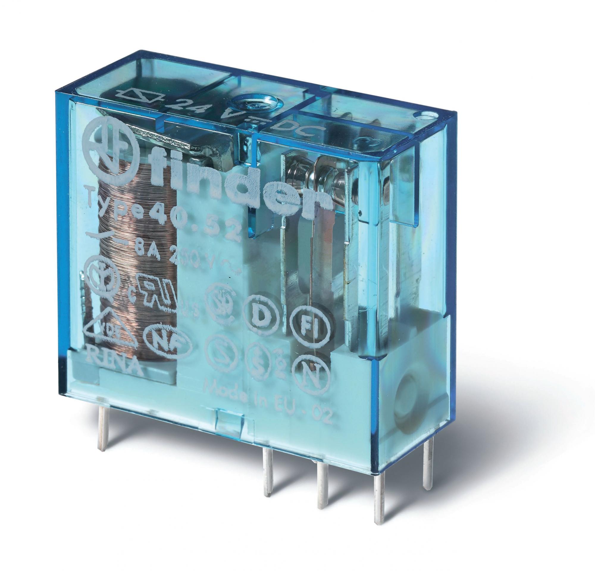 Реле электромеханическое универсальное миниатюрное, монтаж на печатную плату или в розетку, выводы с шагом 5мм, 2CO 8A, контакты AgNi+Au, катушка 230В AC, степень защиты RTII