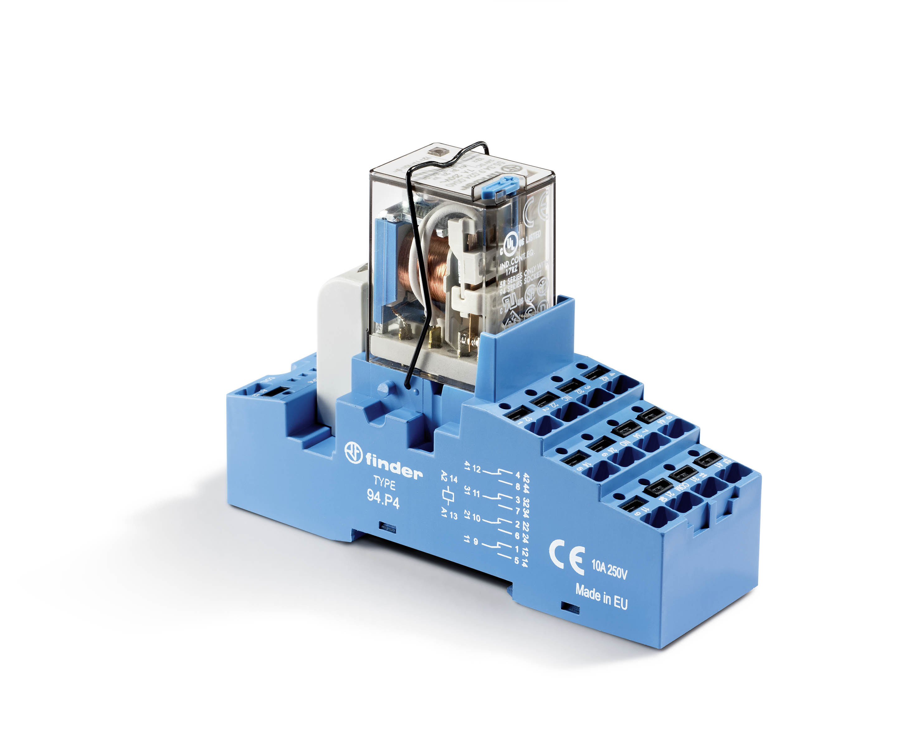 Модуль интерфейсный сборка 55.34.9.012.0040 + 99.02.9.024.99 + 94.P4SMA, электромеханическое реле, 4CO 7A, контакты AgNi, питание 12В AC, IP20, безвинтовые клеммы Push-in, металлическая клипса, LED + варистор