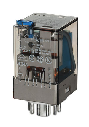 Реле универсальное электромеханическое, монтаж в розетку 11-штырьковый разъем, 3CO 10A, контакты AgNi, катушка 36В DC, степень защиты RTI, опции: нет