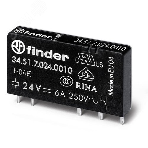 Изображение товара Реле ультратонкое электромеханическое, монтаж на печатную плату, 1CO 6A, контакты AgNi, катушка 24В DC (чувствит.), степень защиты RTII (шт)