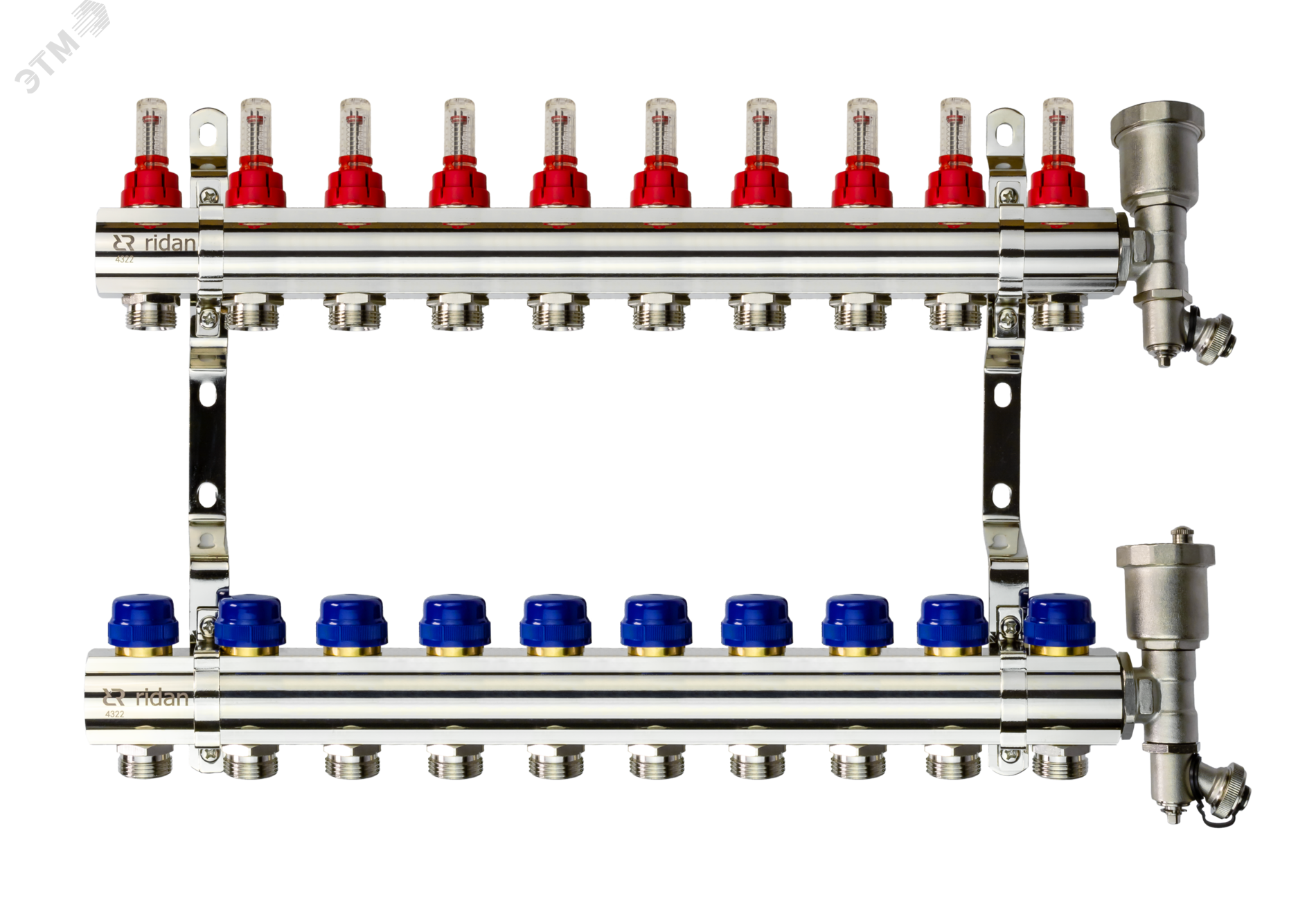 Изображение товара Коллекторная группа FHF-10RF set 10 контуров 1'x3/4' с расходомерами, воздухоотводчиками и кронштейнами (шт)