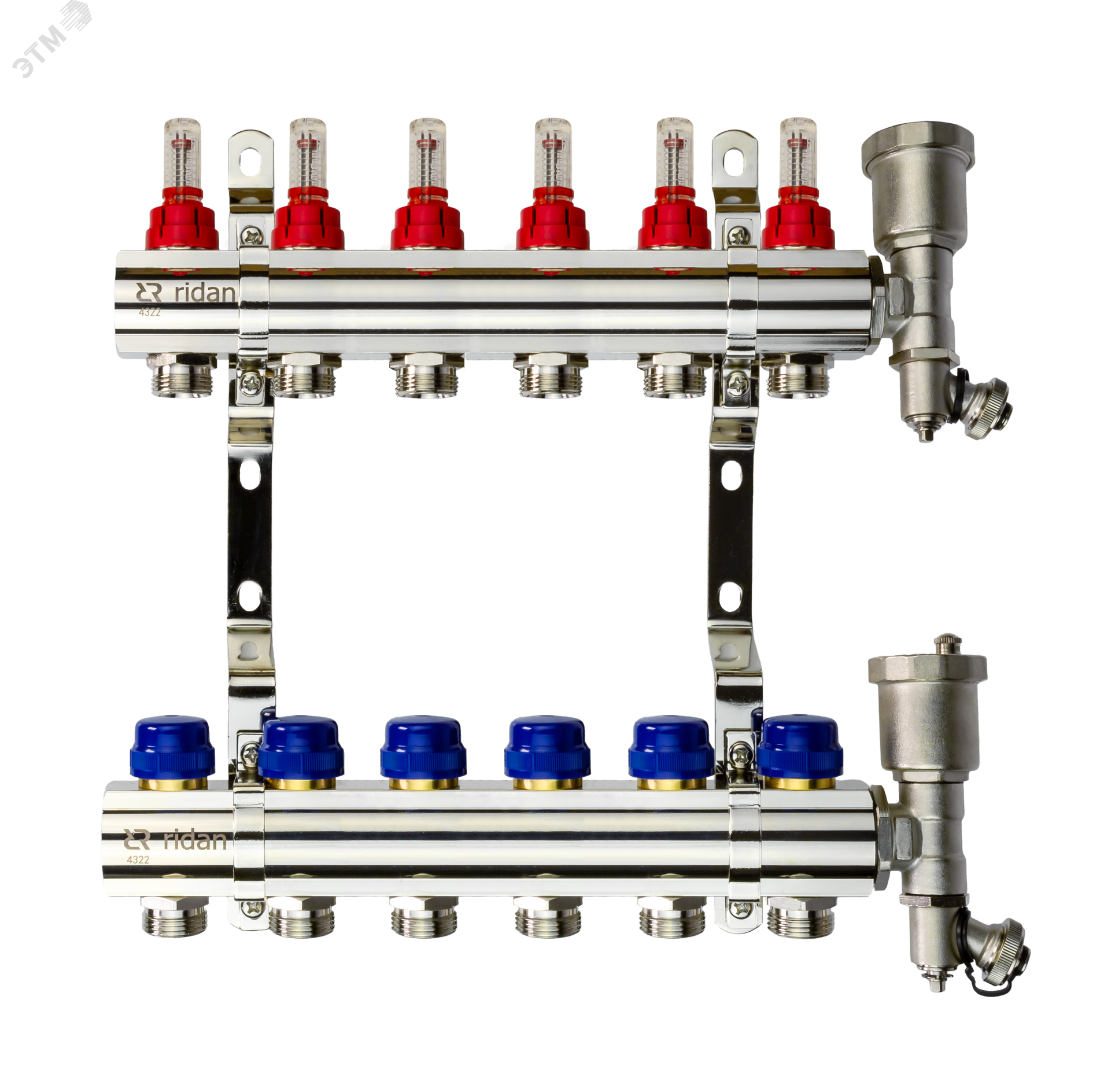 Изображение товара Коллекторная группа FHF-6RF set с расходомерами и воздухоотводчиками 6 контуров