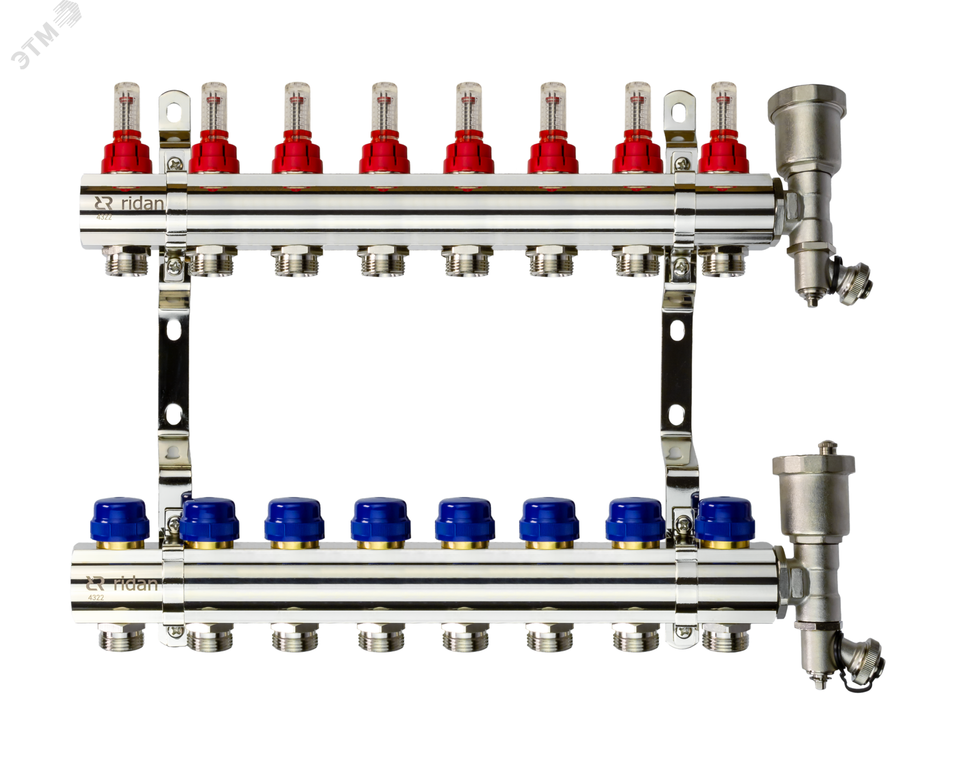 Изображение товара Коллекторная группа FHF-8RF set 8 контуров 1'x3/4' с расходомерами, воздухоотводчиками и кронштейнами (шт)